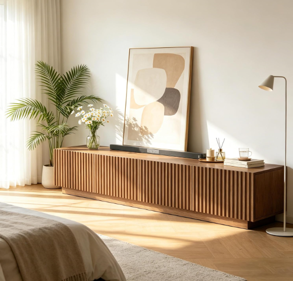 86.61-inch mid-century modern walnut credenza with fluted front doors styled beneath an abstract artwork