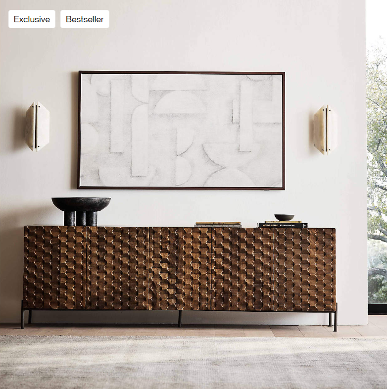 Raffael 82-inch brown carved wood storage media console by Crate & Barrel