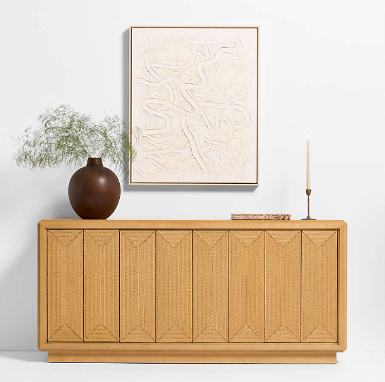 Roseau 69-inch natural wood credenza with woven paper-rope doors and ash frame by Crate & Barrel